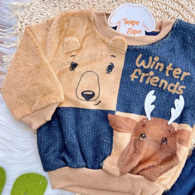 Conj. Casaco Winter Friends e Calça de Pelinho - Azul Marinho